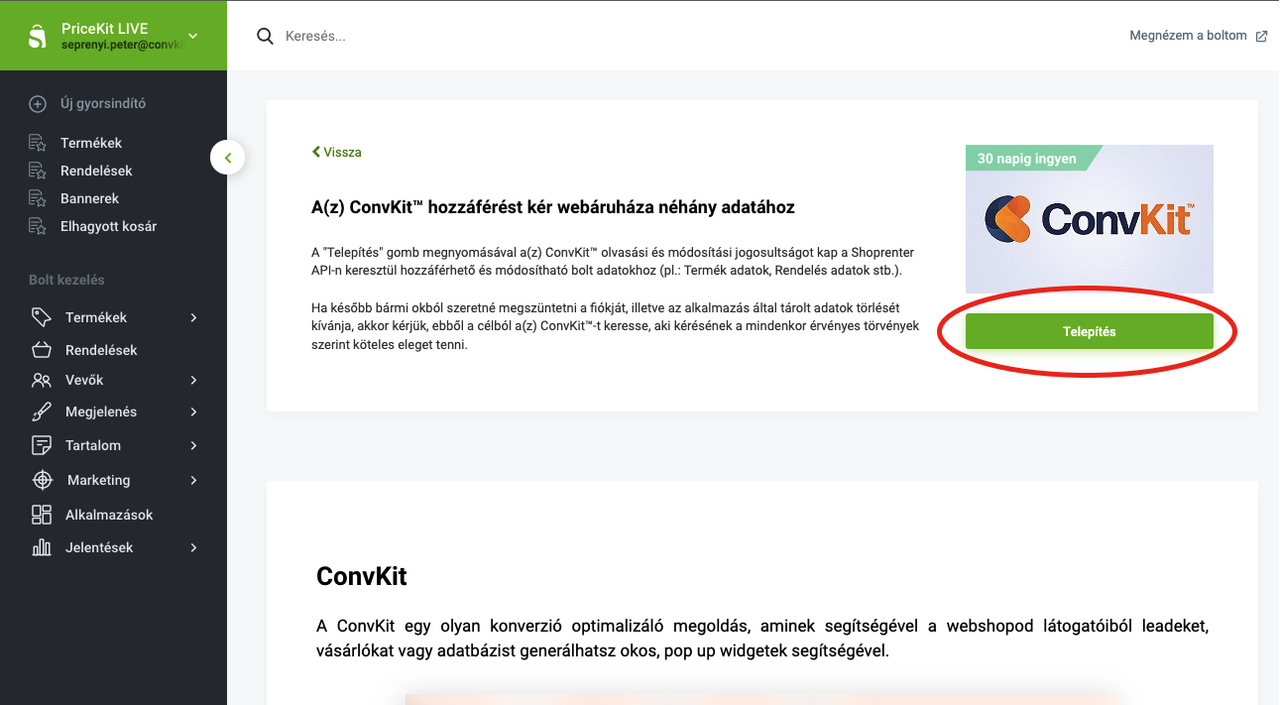 Shoprenter alkalmazás oldal Shoprenter alkalmazás oldal