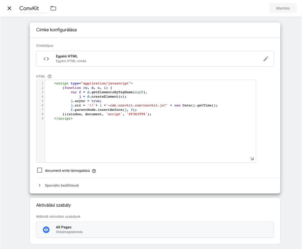 Tag manager #1 ConvKit GTM beállítás